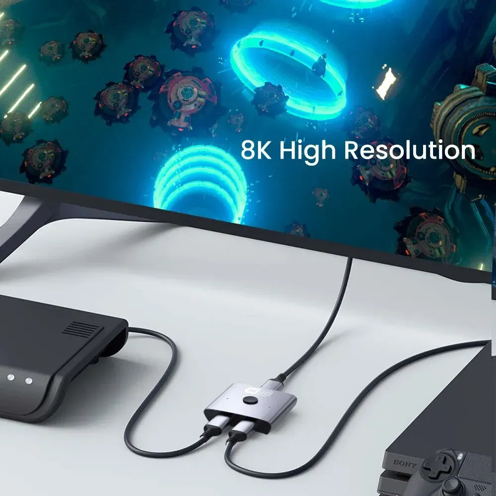 NIERBO Répartiteur de commutateur HDMI 2.1 bidirectionnel 8K 2 en 1, sortie Ultra HD 4K @ 120 Hz et 8K @ 60 Hz, 48 Gbps, hub HDMI en aluminium pour PS5 et Xbox 5