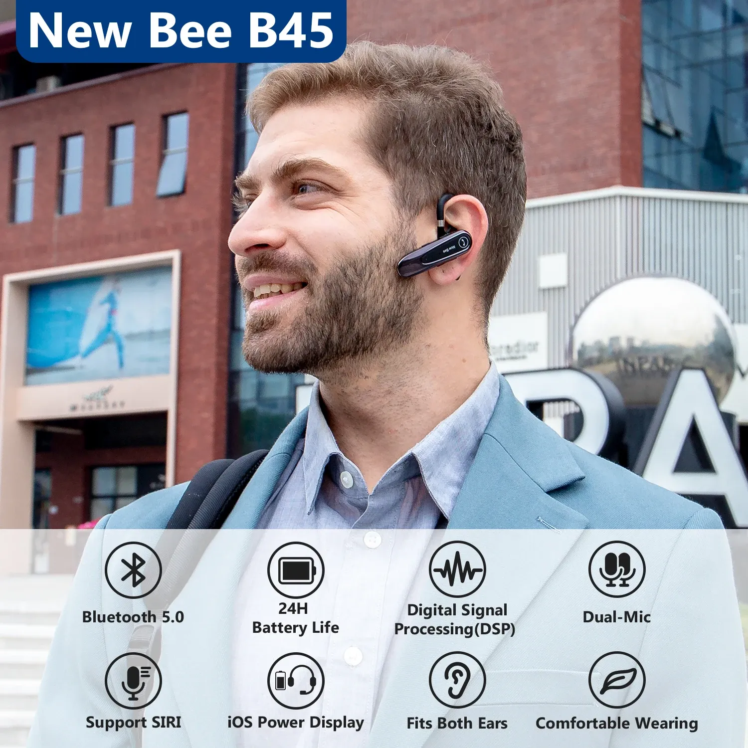Casque Bluetooth sans fil Bee B45 avec double micro, réduction de bruit CVC 8.0 et écouteurs pour la conduite 2