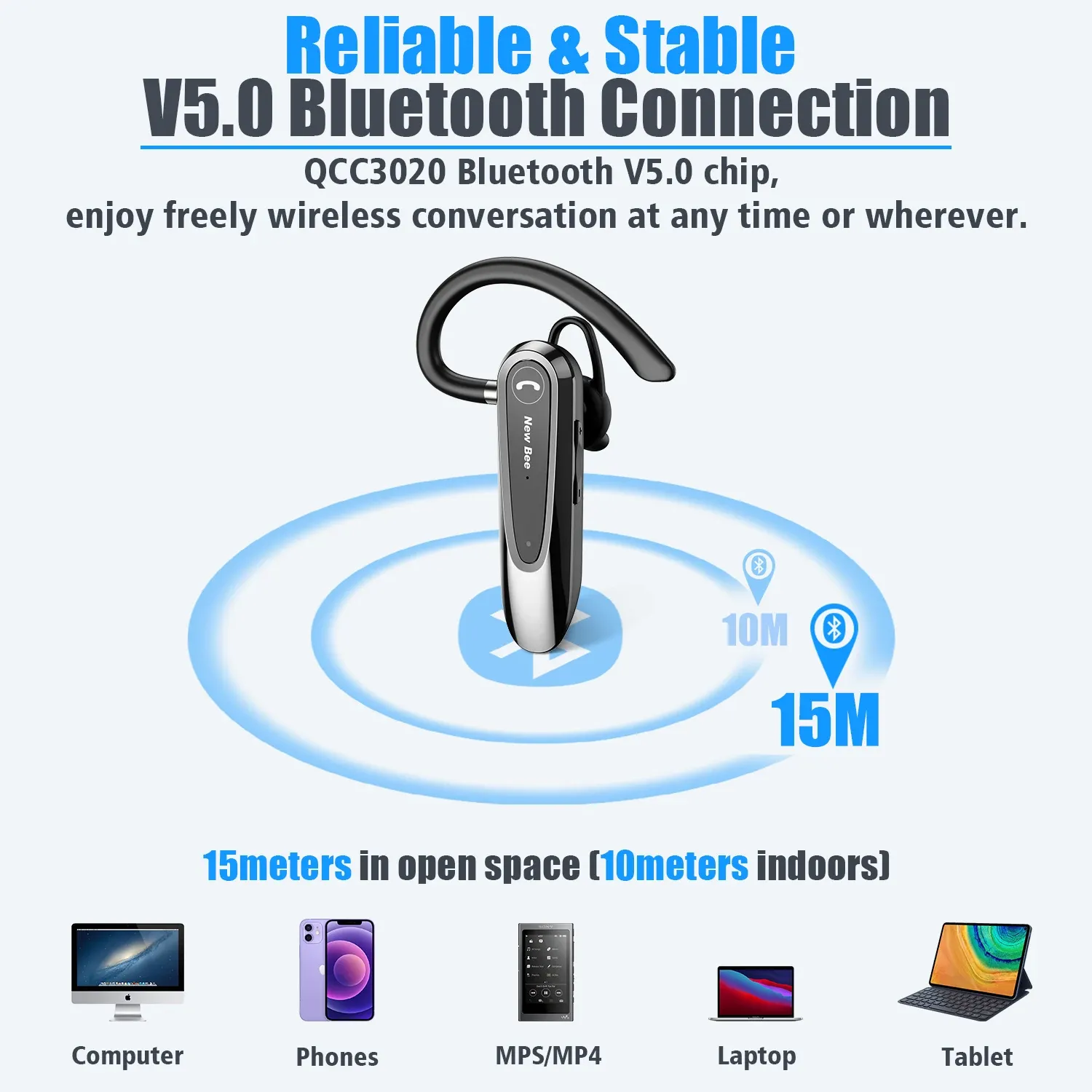 Casque Bluetooth sans fil Bee B45 avec double micro, réduction de bruit CVC 8.0 et écouteurs pour la conduite 6