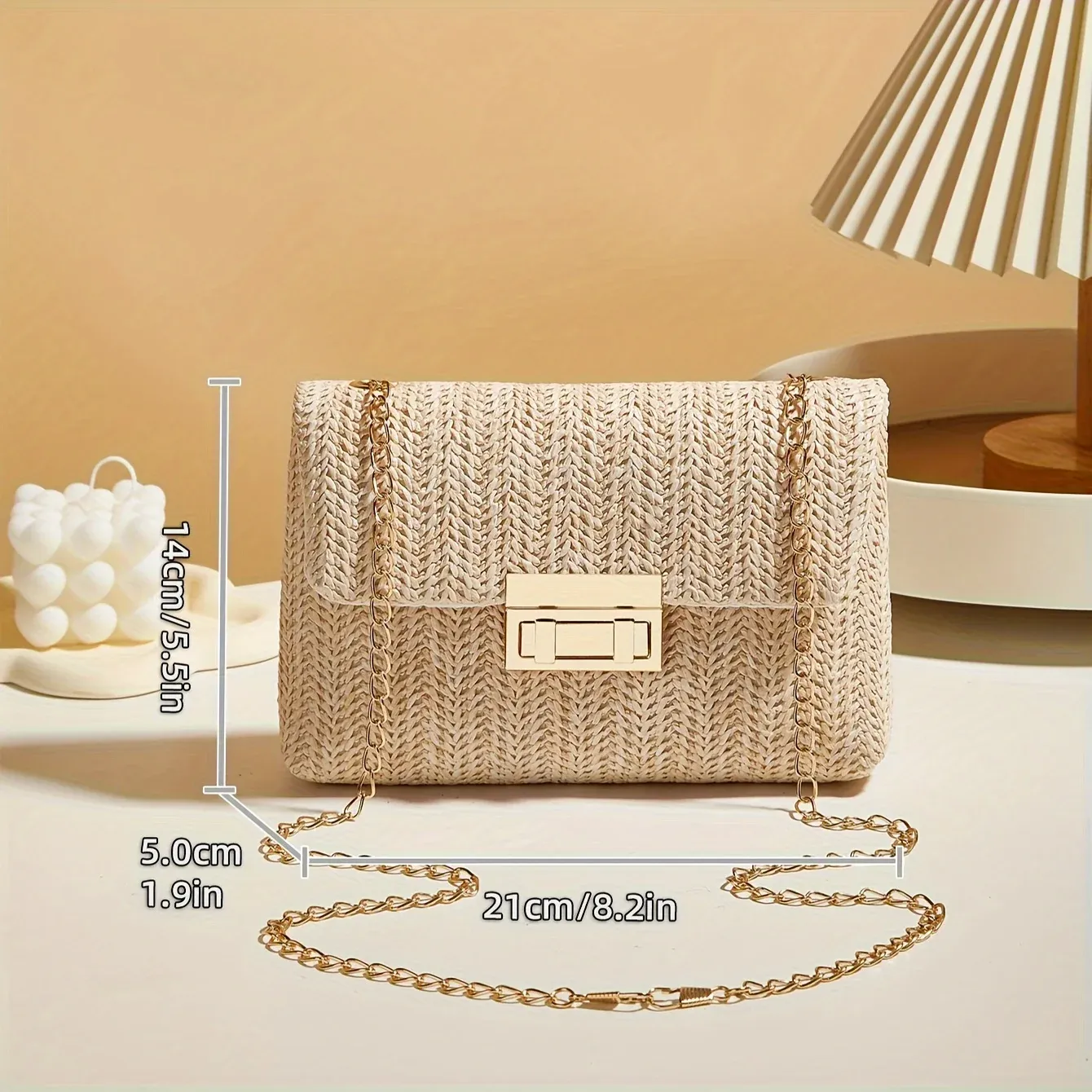 Sac à bandoulière en paille tissé à la main pour femme, coloris uni, fermeture à verrou 3