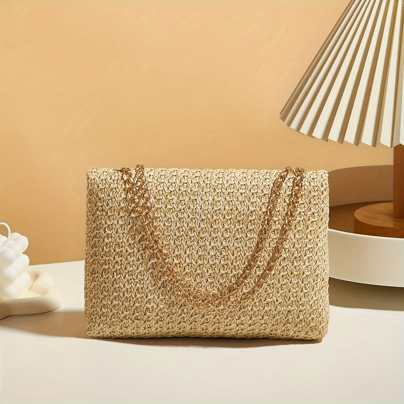 Sac à bandoulière en paille tissé à la main pour femme, coloris uni, fermeture à verrou 4