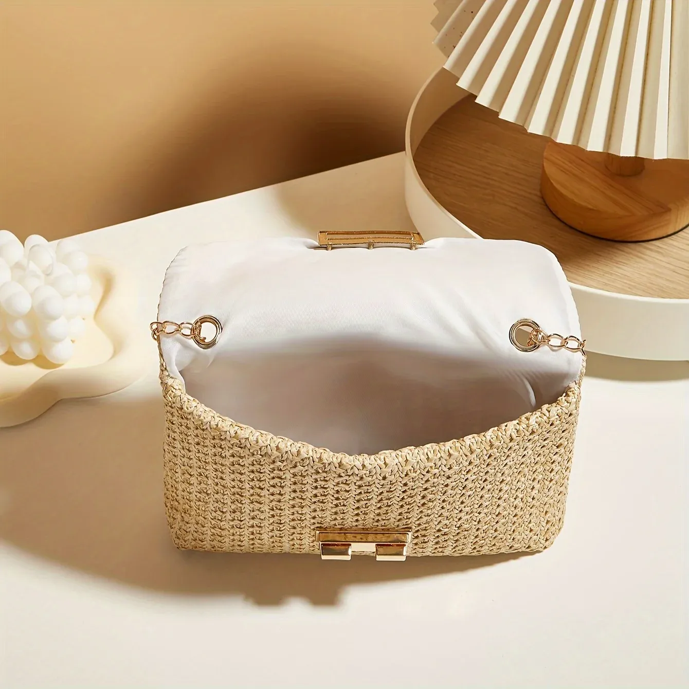 Sac à bandoulière en paille tissé à la main pour femme, coloris uni, fermeture à verrou 5