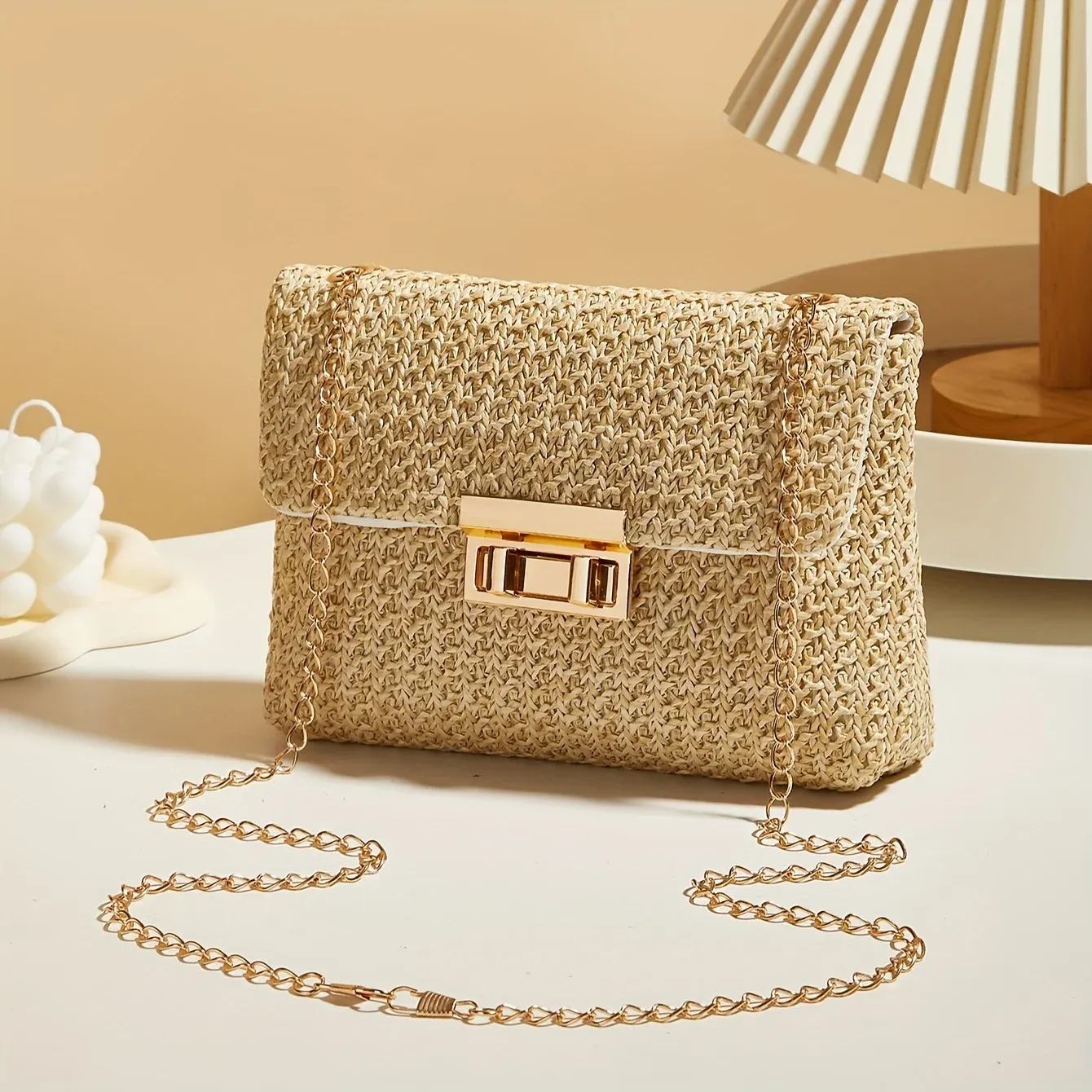 Sac à bandoulière en paille tissé à la main pour femme, coloris uni, fermeture à verrou 6