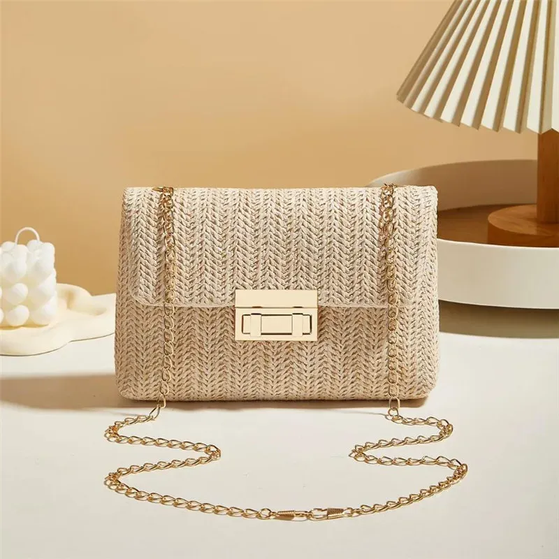 Sac à bandoulière en paille tissé à la main pour femme, coloris uni, fermeture à verrou 7