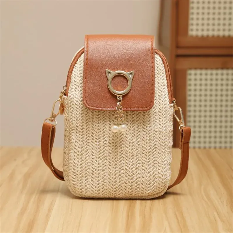 Sac à bandoulière en paille tissé à la main pour femme, coloris uni, fermeture à verrou 12