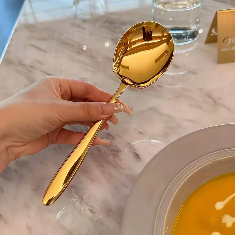 2/4/6 cuillères de service en acier inoxydable à tête ronde, grandes cuillères et louches à soupe à long manche, adaptées aux cuisines domestiques 3
