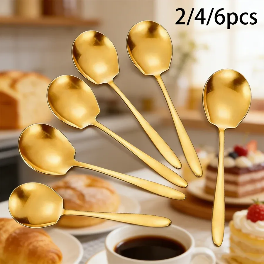 2/4/6 cuillères de service en acier inoxydable à tête ronde, grandes cuillères et louches à soupe à long manche, adaptées aux cuisines domestiques - Image 1
