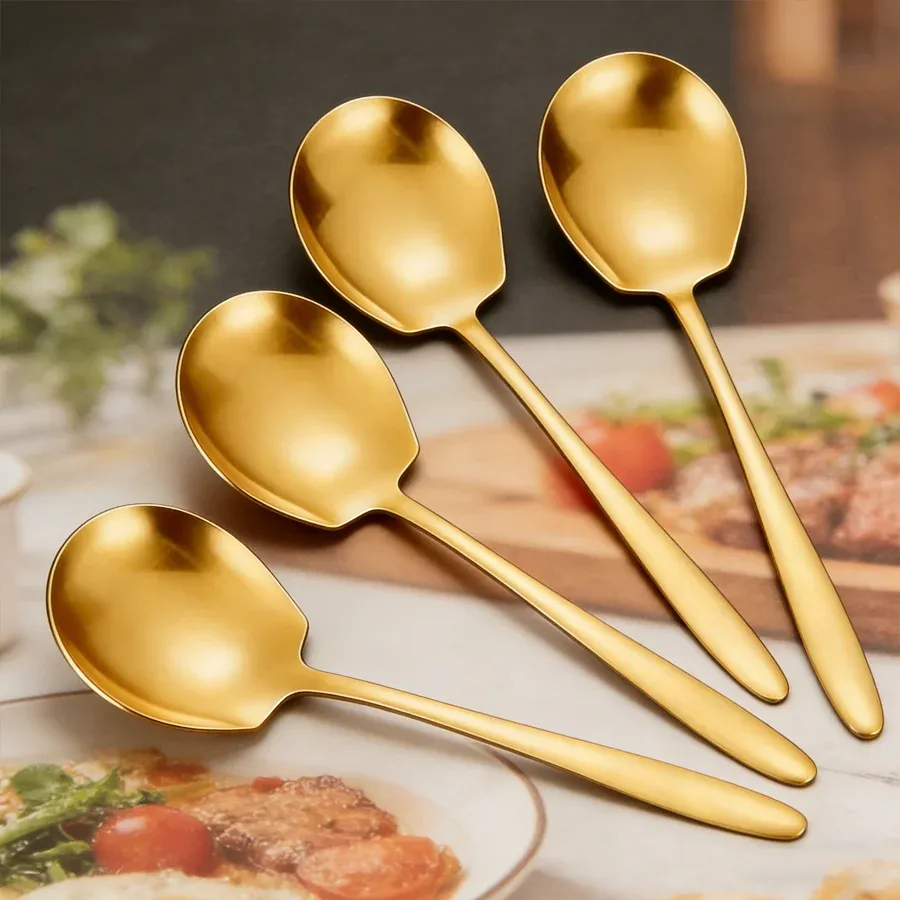 2/4/6 cuillères de service en acier inoxydable à tête ronde, grandes cuillères et louches à soupe à long manche, adaptées aux cuisines domestiques 8