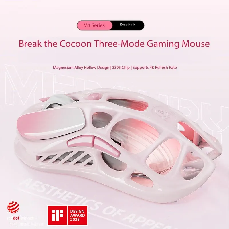Souris de jeu sans fil GravaStar Mercury M1 Pro Rose, capteur PAW3395DM 26 000 DPI, 5 boutons programmables, micro-interrupteurs Omron Blue Dot 4