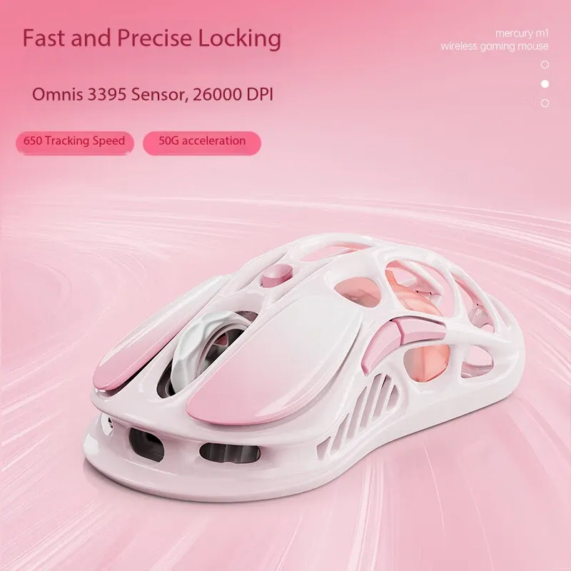 Souris de jeu sans fil GravaStar Mercury M1 Pro Rose, capteur PAW3395DM 26 000 DPI, 5 boutons programmables, micro-interrupteurs Omron Blue Dot 5