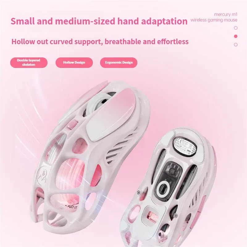 Souris de jeu sans fil GravaStar Mercury M1 Pro Rose, capteur PAW3395DM 26 000 DPI, 5 boutons programmables, micro-interrupteurs Omron Blue Dot 6
