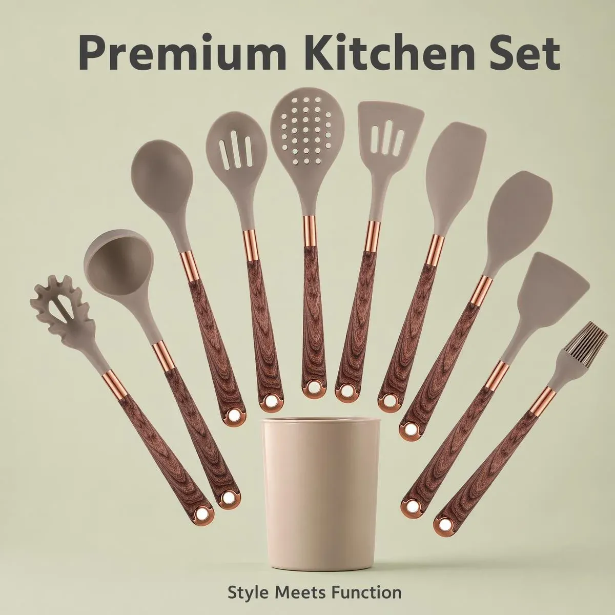 Ensemble d'ustensiles de cuisine en silicone à manche effet bois, accents or rose et seau de rangement, qualité alimentaire