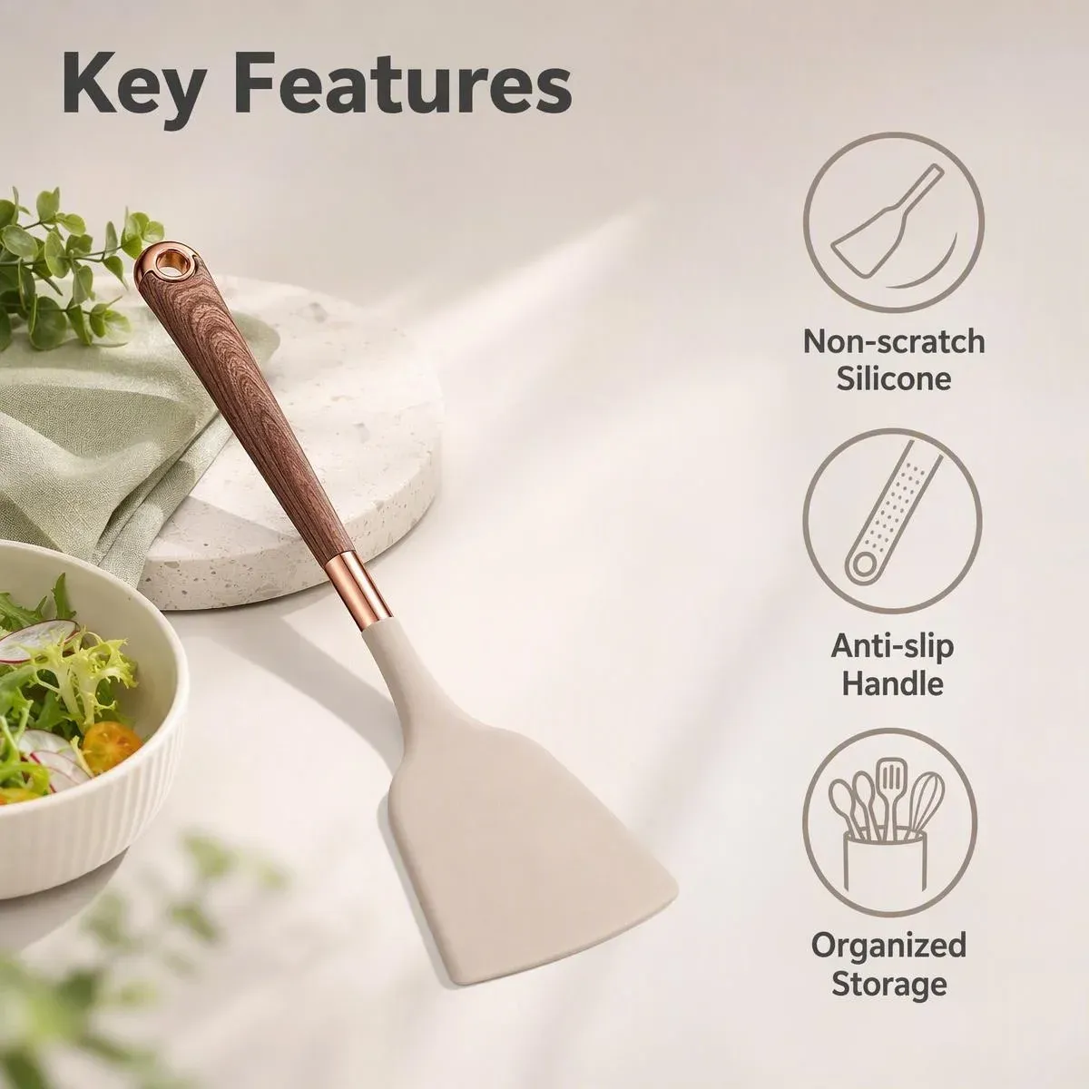 Ensemble d'ustensiles de cuisine en silicone à manche effet bois, accents or rose et seau de rangement, qualité alimentaire 2
