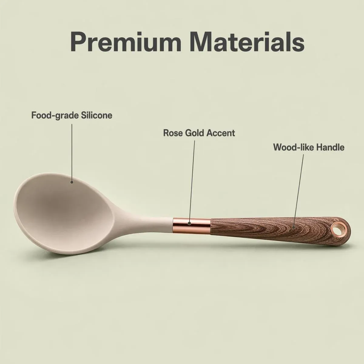 Ensemble d'ustensiles de cuisine en silicone à manche effet bois, accents or rose et seau de rangement, qualité alimentaire 4