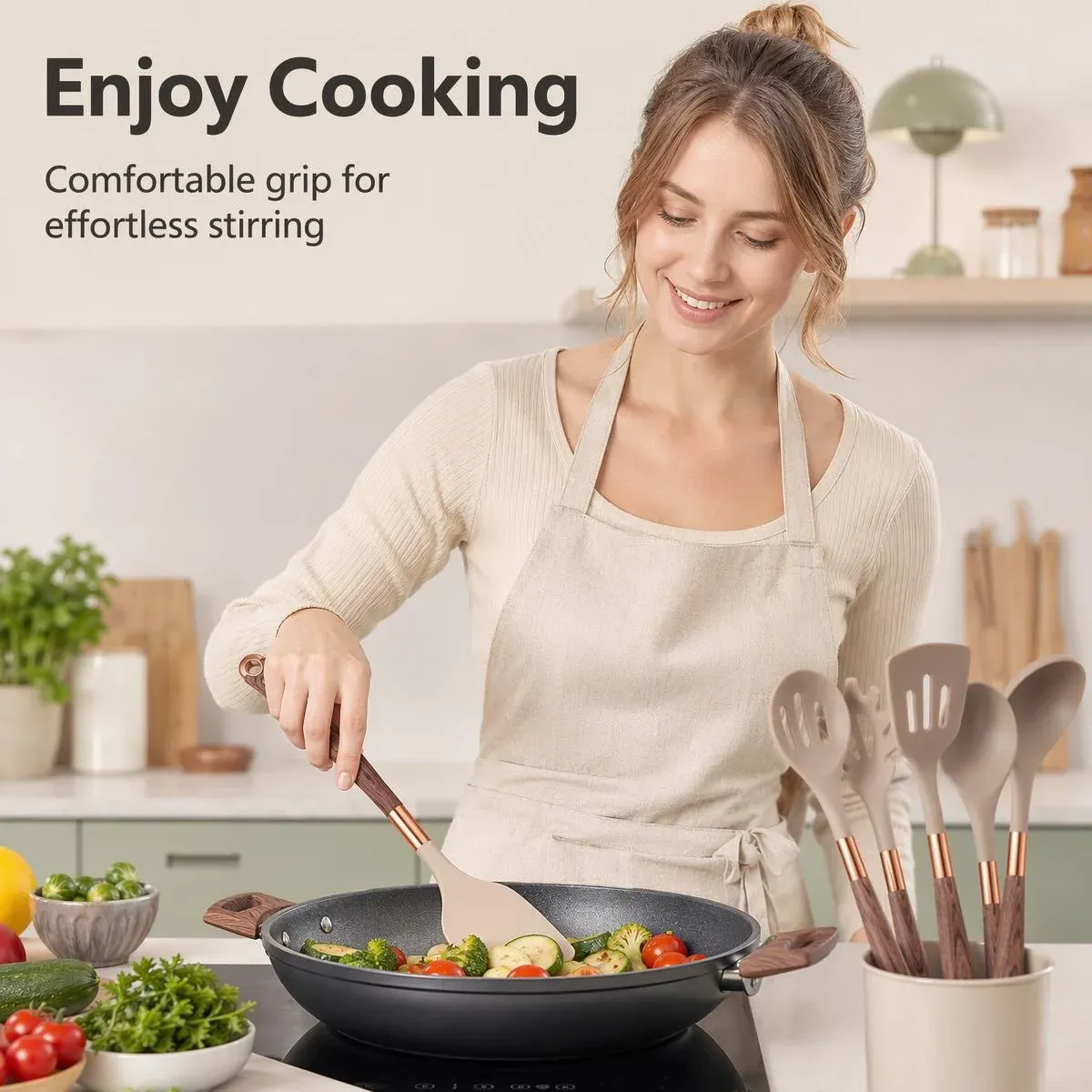 Ensemble d'ustensiles de cuisine en silicone à manche effet bois, accents or rose et seau de rangement, qualité alimentaire 6