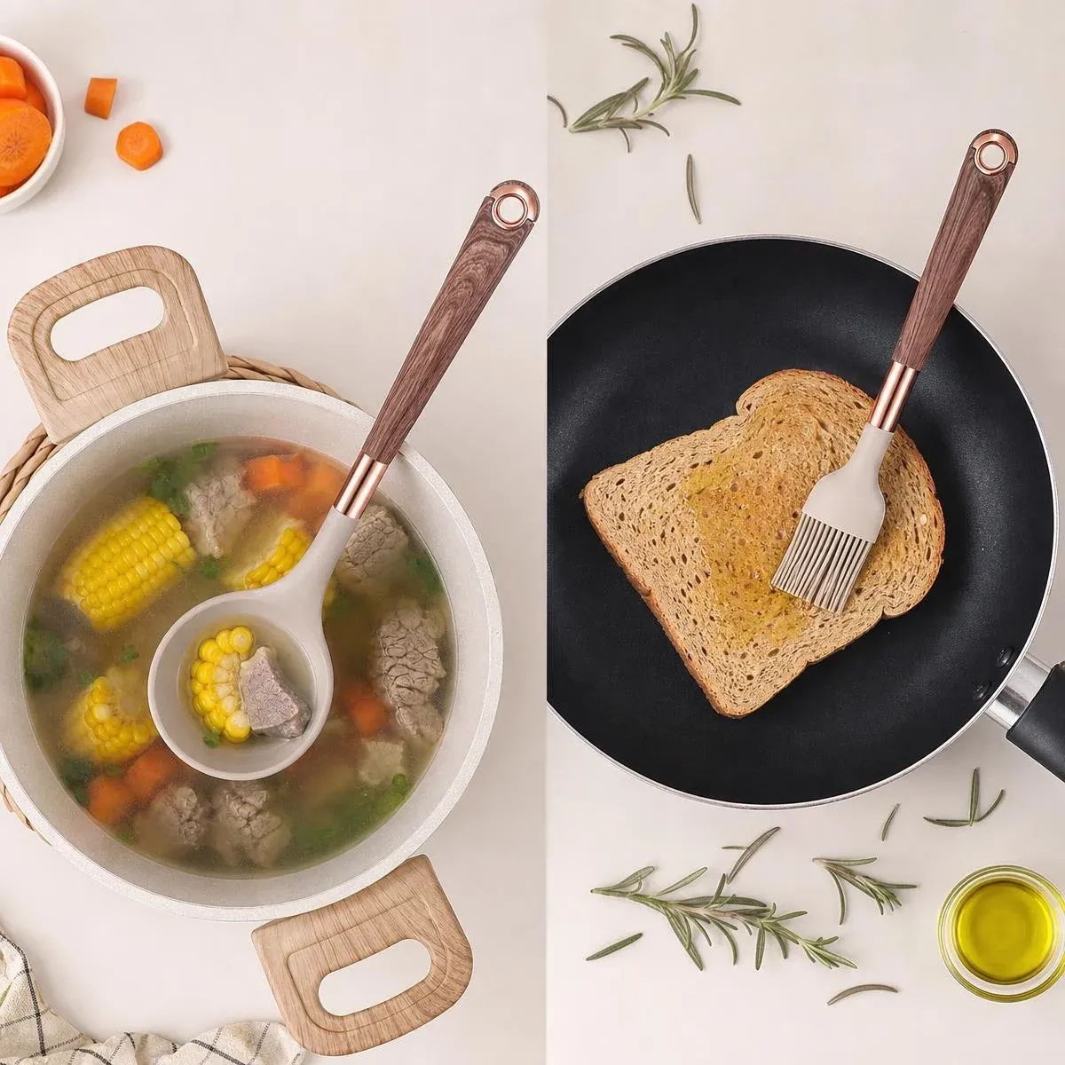 Ustensiles de cuisine en silicone en situation de cuisine