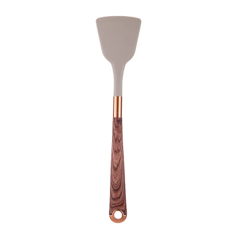 Ensemble d'ustensiles de cuisine en silicone à manche effet bois, accents or rose et seau de rangement, qualité alimentaire 9