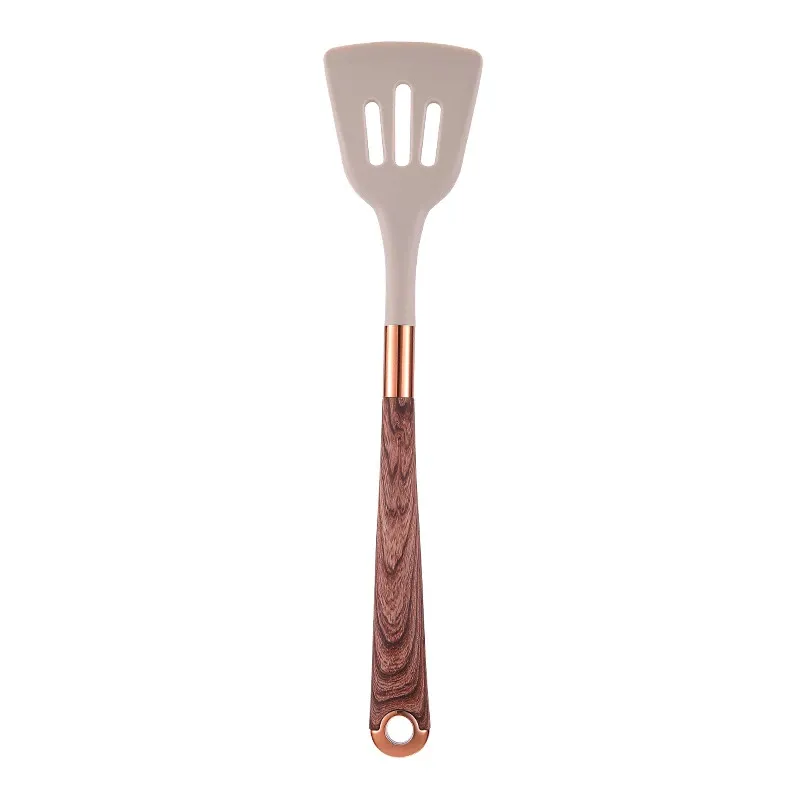 Ensemble d'ustensiles de cuisine en silicone à manche effet bois, accents or rose et seau de rangement, qualité alimentaire 7
