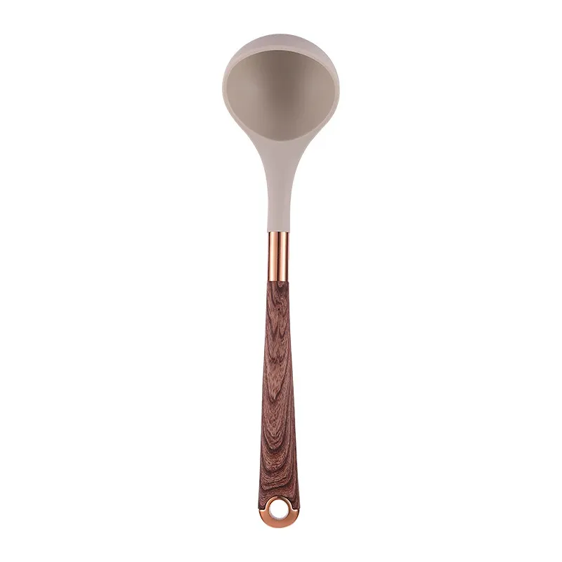 Ensemble d'ustensiles de cuisine en silicone à manche effet bois, accents or rose et seau de rangement, qualité alimentaire 8