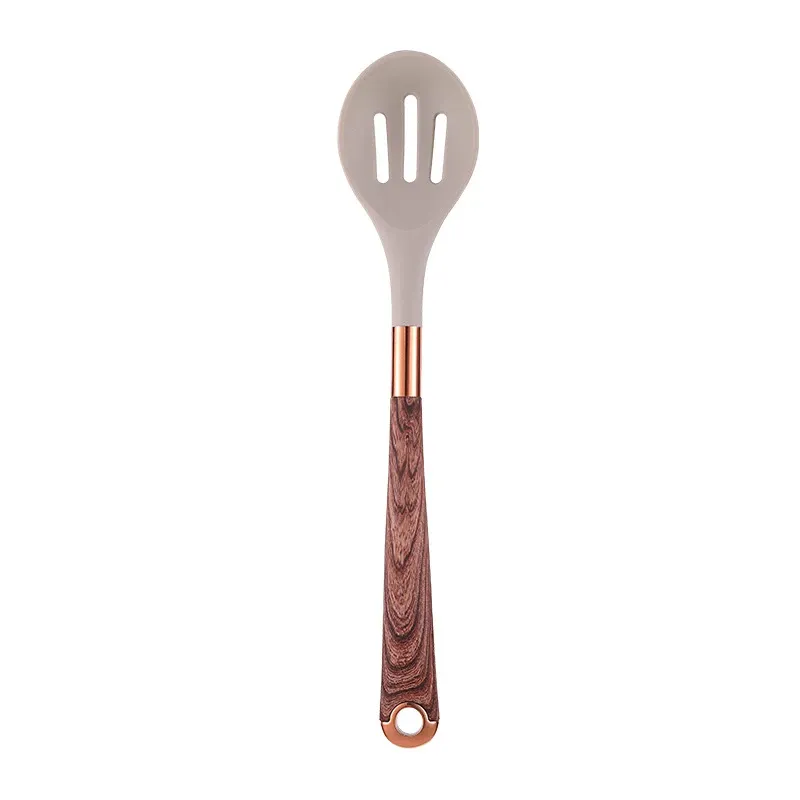 Ensemble d'ustensiles de cuisine en silicone à manche effet bois, accents or rose et seau de rangement, qualité alimentaire 16