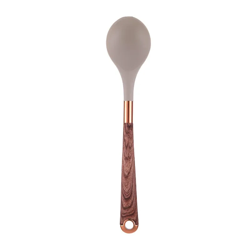 Ensemble d'ustensiles de cuisine en silicone à manche effet bois, accents or rose et seau de rangement, qualité alimentaire 17