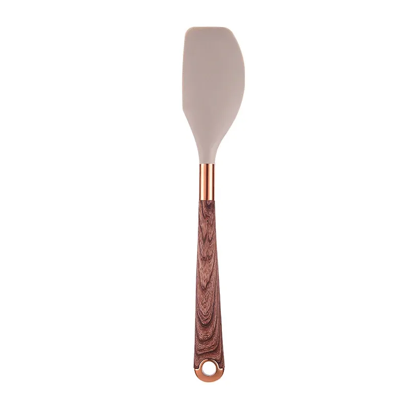Ensemble d'ustensiles de cuisine en silicone à manche effet bois, accents or rose et seau de rangement, qualité alimentaire 14