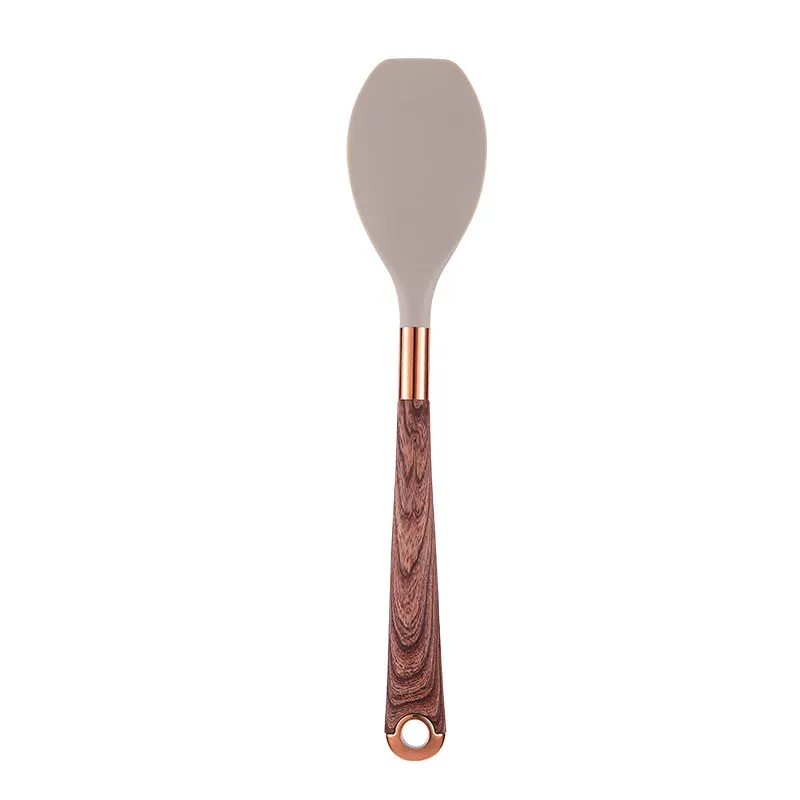 Ensemble d'ustensiles de cuisine en silicone à manche effet bois, accents or rose et seau de rangement, qualité alimentaire 15