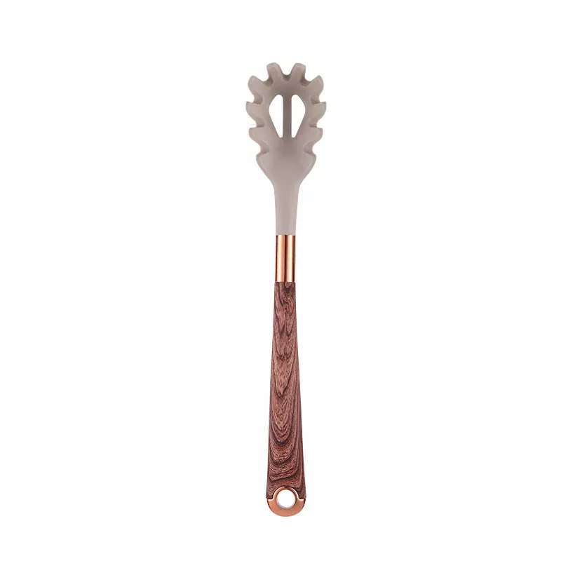 Ensemble d'ustensiles de cuisine en silicone à manche effet bois, accents or rose et seau de rangement, qualité alimentaire 12