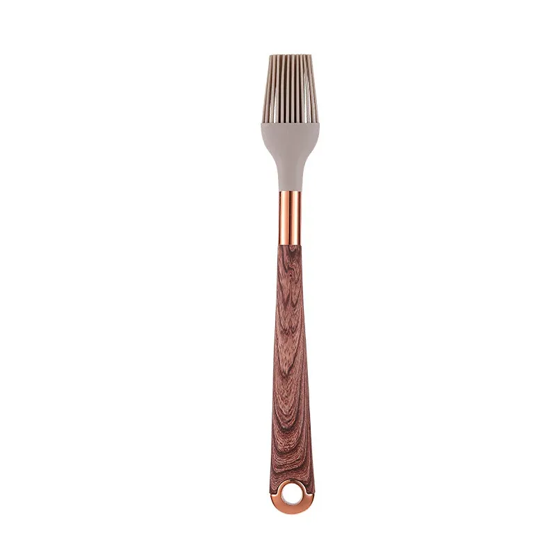 Ensemble d'ustensiles de cuisine en silicone à manche effet bois, accents or rose et seau de rangement, qualité alimentaire 13