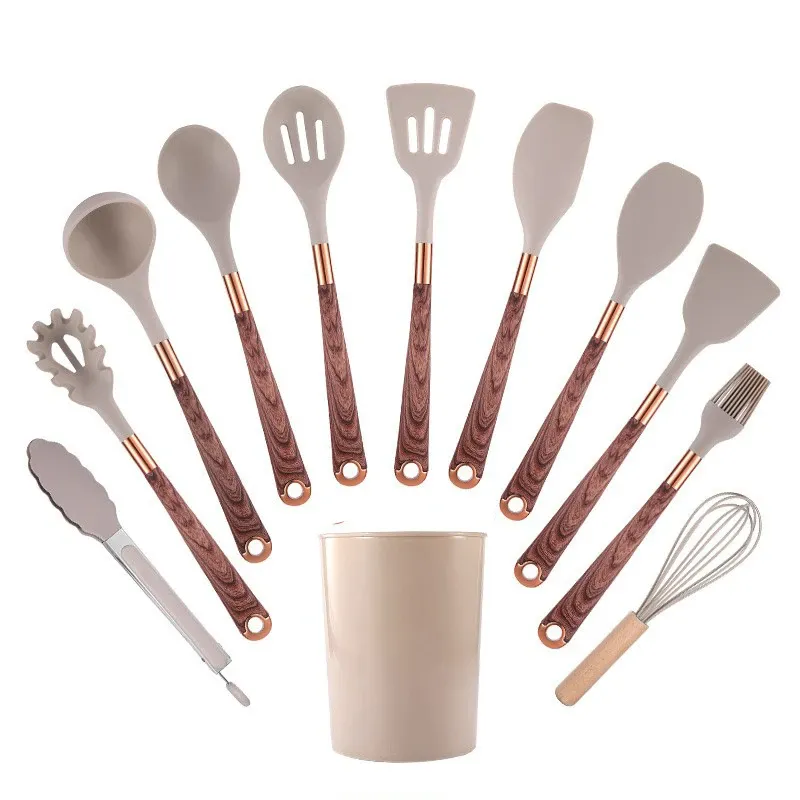 Ensemble d'ustensiles de cuisine en silicone à manche effet bois, accents or rose et seau de rangement, qualité alimentaire 10