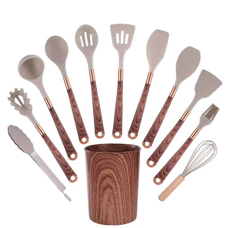 Ensemble d'ustensiles de cuisine en silicone à manche effet bois, accents or rose et seau de rangement, qualité alimentaire 11