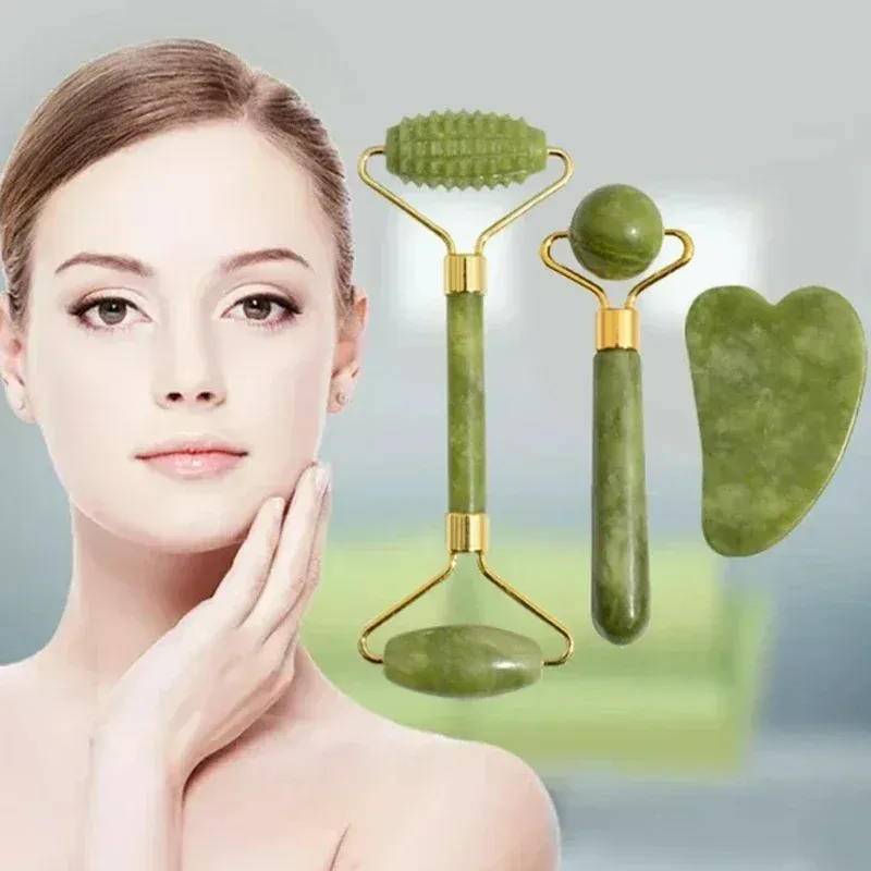 Rouleau de jade naturel et gua sha pour le visage et le cou, outil de massage en pierre naturelle