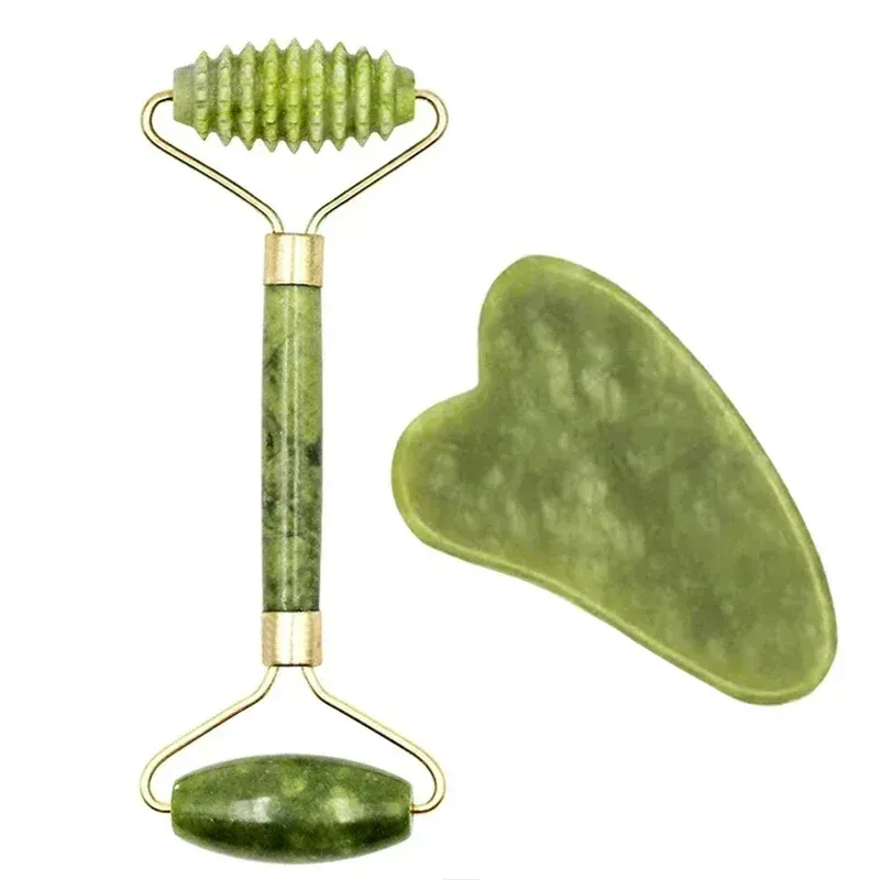 Rouleau de jade naturel et gua sha pour le visage et le cou, outil de massage en pierre naturelle 14