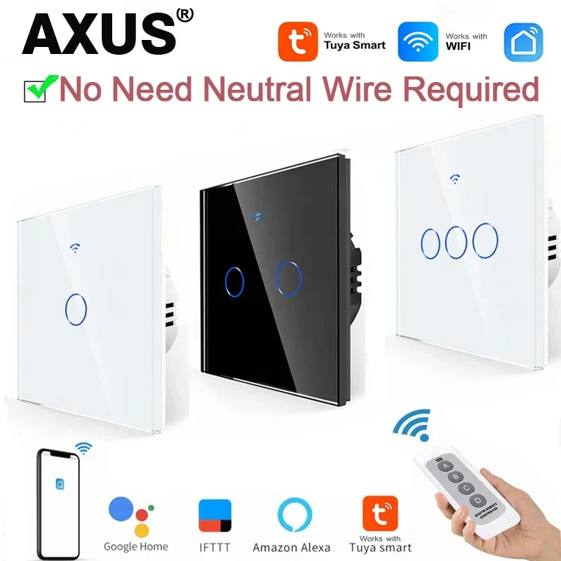 Interrupteur intelligent WiFi sans fil à neutre, interrupteur tactile RF433, compatible avec l'application Tuya Smart Life, Alexa et Google Home