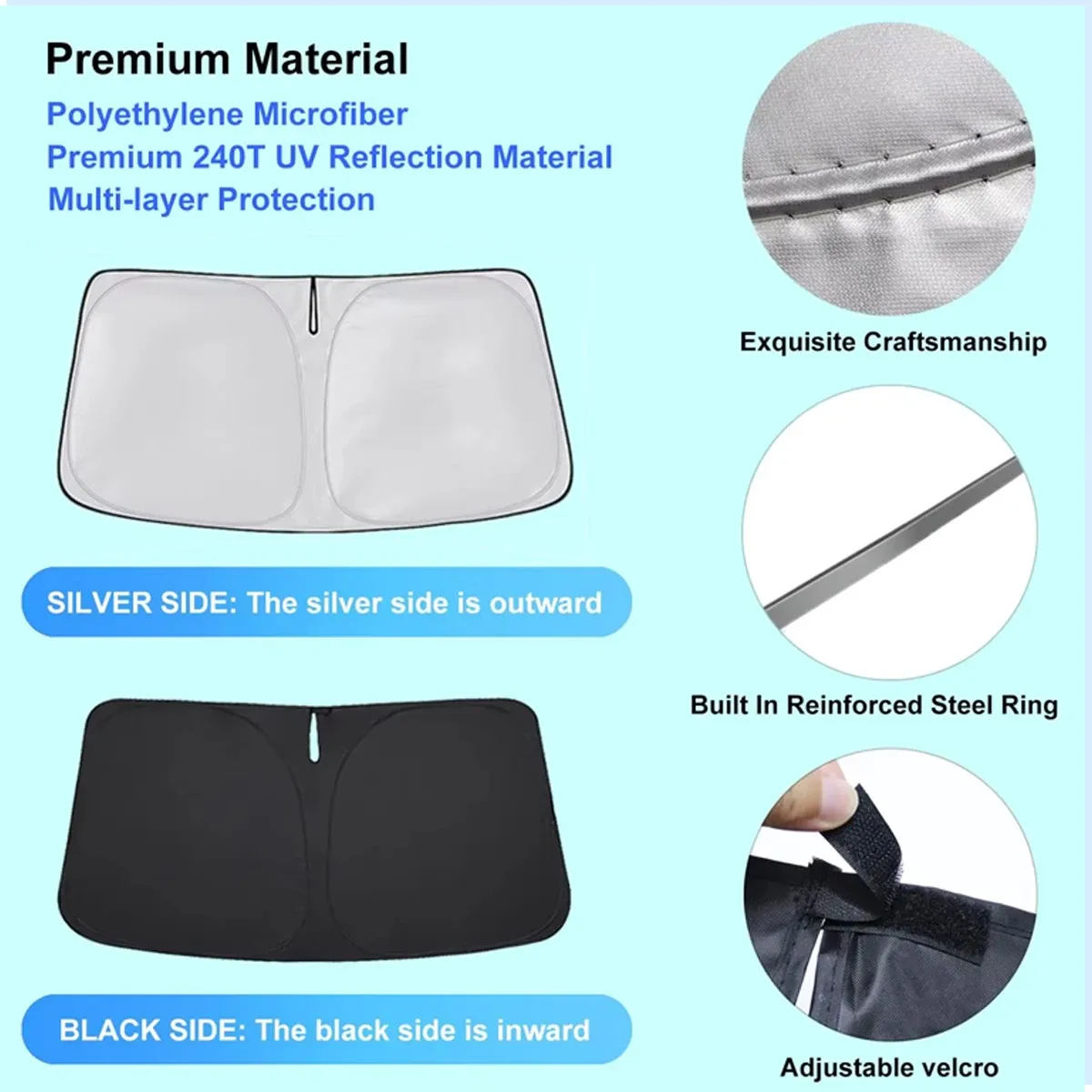 Pare-soleil de voiture pour pare-brise avant argenté, épaissi et pliable, protection UV pour l'intérieur du véhicule 6