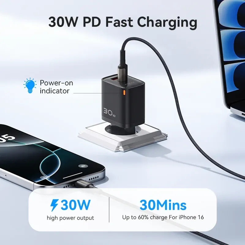 Chargeur GaN 30W KUULAA avec PD 3.0 et QC 4.0, USB-C, compatible iPhone 17, 16, 15 Pro, Samsung S25, Xiaomi, iPad Air et Pro 2