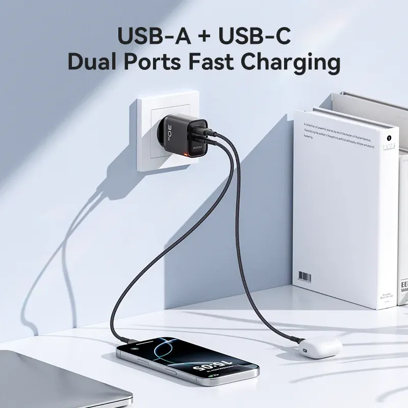 Chargeur GaN 30W KUULAA avec PD 3.0 et QC 4.0, USB-C, compatible iPhone 17, 16, 15 Pro, Samsung S25, Xiaomi, iPad Air et Pro 4