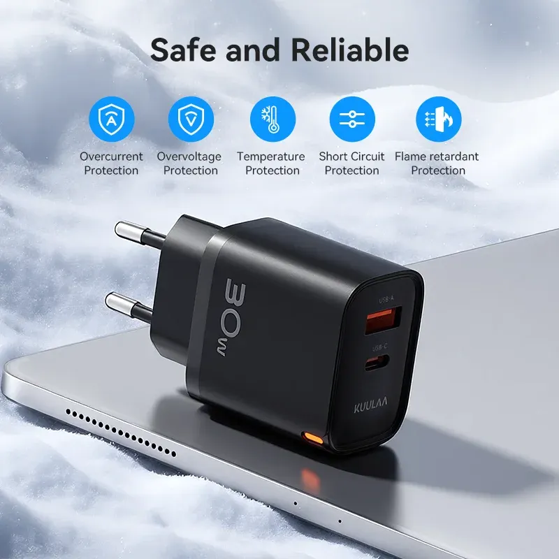 Chargeur GaN 30W KUULAA avec PD 3.0 et QC 4.0, USB-C, compatible iPhone 17, 16, 15 Pro, Samsung S25, Xiaomi, iPad Air et Pro 6