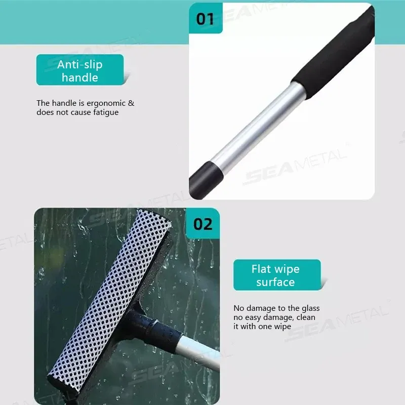 SEAMETAL Brosse de nettoyage de vitres de voiture 2 en 1 avec raclette et manche télescopique 4