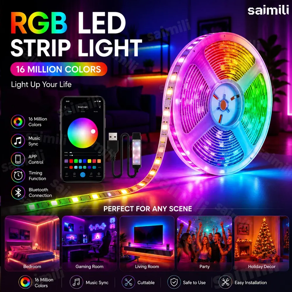 Ruban LED USB RGB intelligent et flexible, contrôlable par application, avec synchronisation musicale et intensité réglable, pour éclairage décoratif de téléviseur et salle de jeux - Image 1