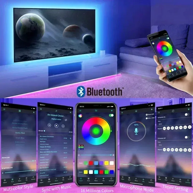 Ruban LED USB RGB intelligent et flexible, contrôlable par application, avec synchronisation musicale et intensité réglable, pour éclairage décoratif de téléviseur et salle de jeux 2