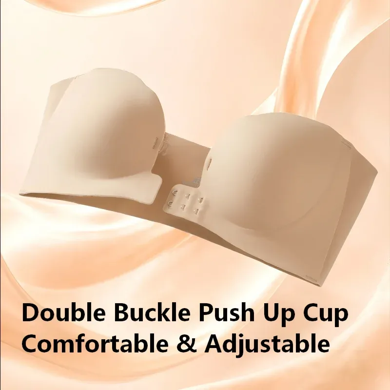 Soutien-gorge push-up sans bretelles et sans armatures pour femme, fermeture avant double crochet, moulé 3D, décolleté plongeant en V, sans couture, multi-positions - Image 1