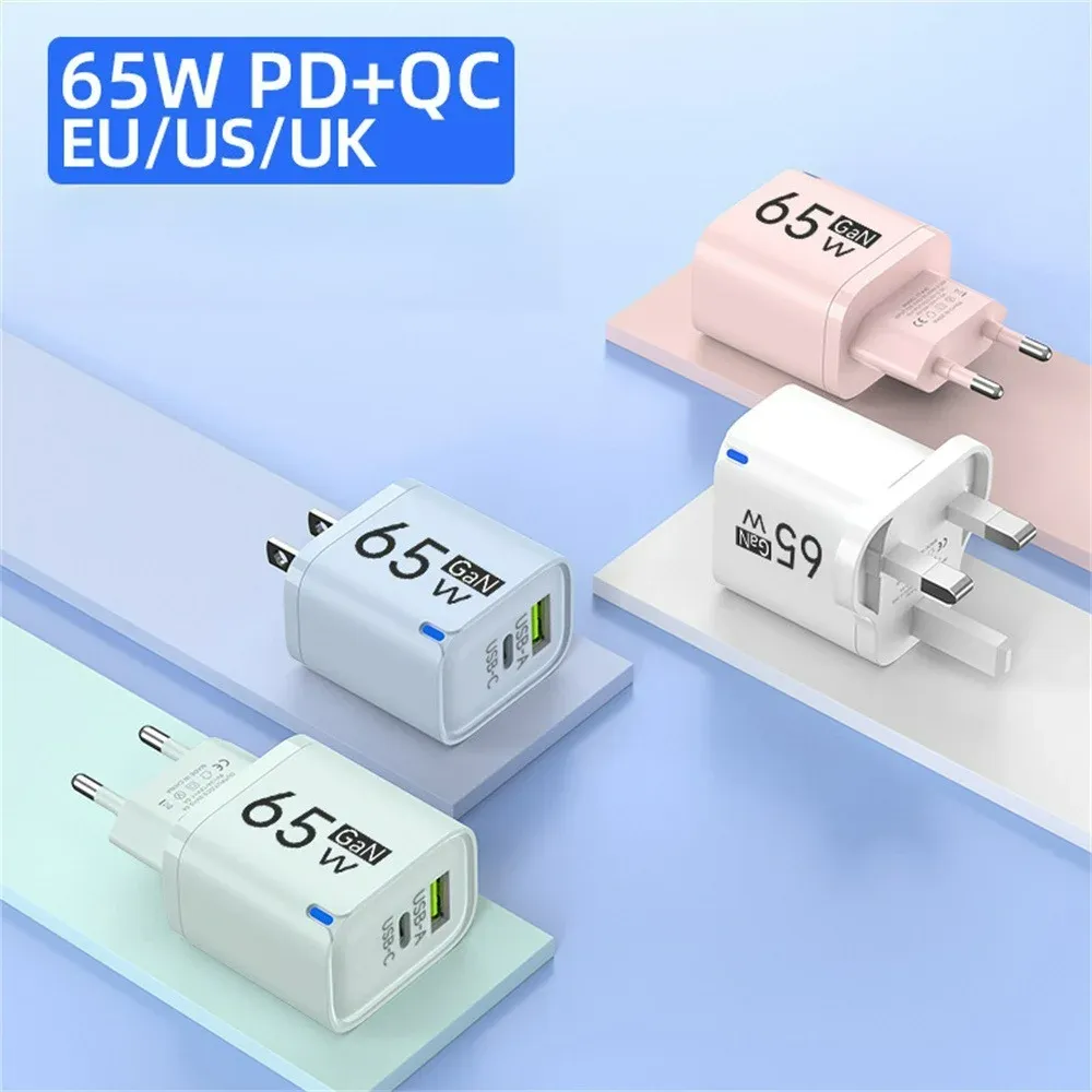 Chargeur USB-C GaN 65W à charge rapide QC 3.0, adaptateur secteur de voyage EU/US/UK pour smartphone 3