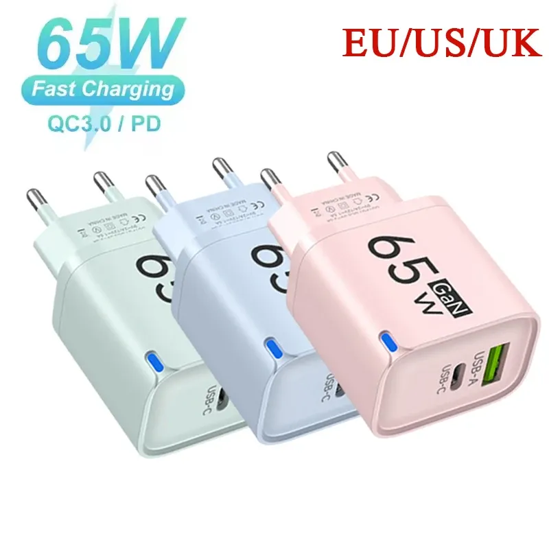 Chargeur USB-C GaN 65W à charge rapide QC 3.0, adaptateur secteur de voyage EU/US/UK pour smartphone