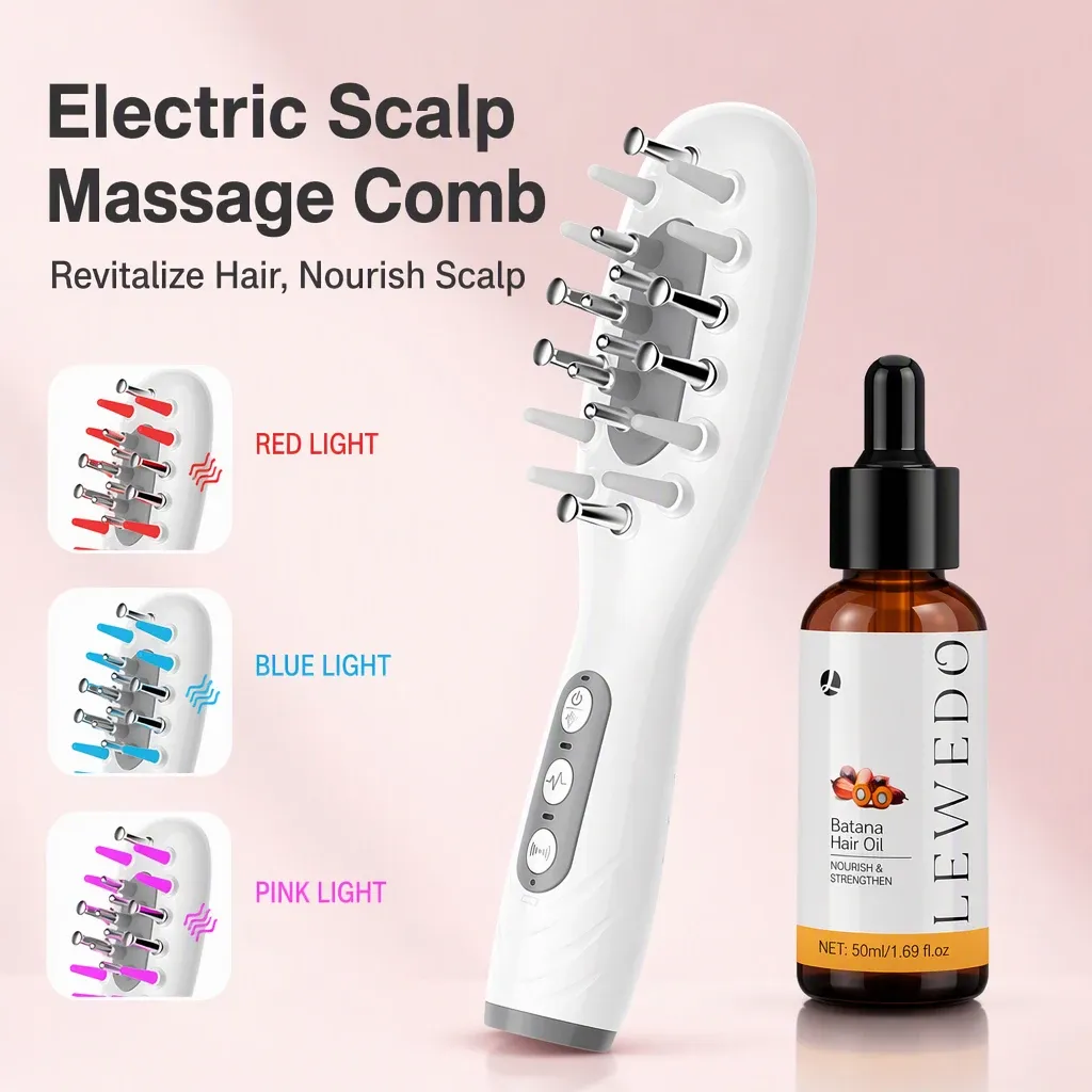 Peigne masseur électrique vibrant à micro-courant et lumière rouge, avec huile de croissance capillaire 50 ml et applicateur pour cuir chevelu 1