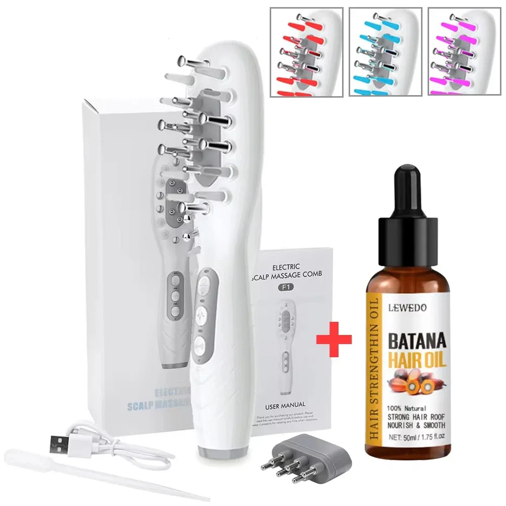 Peigne masseur électrique vibrant à micro-courant et lumière rouge, avec huile de croissance capillaire 50 ml et applicateur pour cuir chevelu 7