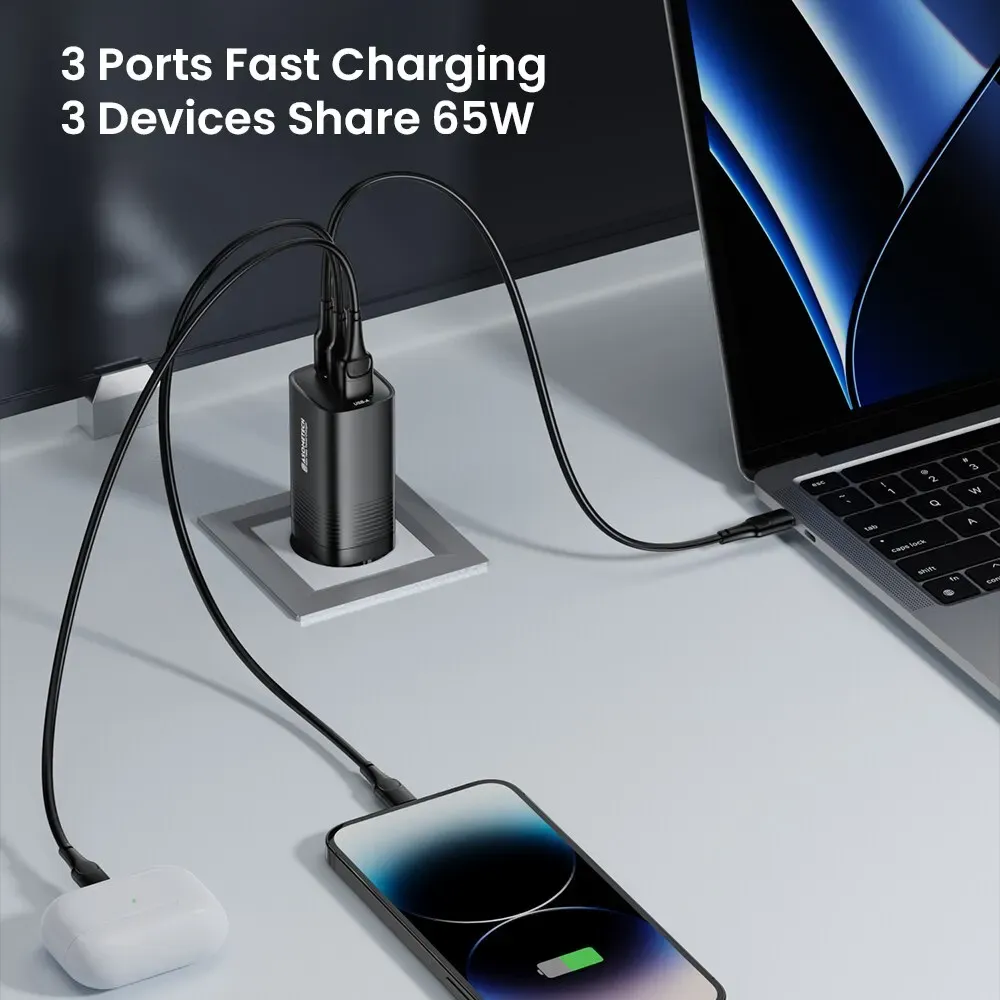 ASOMETECH Chargeur GaN USB-C 65 W, 45 W, PPS, PD, QC 4.0 pour MacBook, ordinateur portable, iPad, tablette, iPhone 16 et Samsung Galaxy S23 Ultra 5