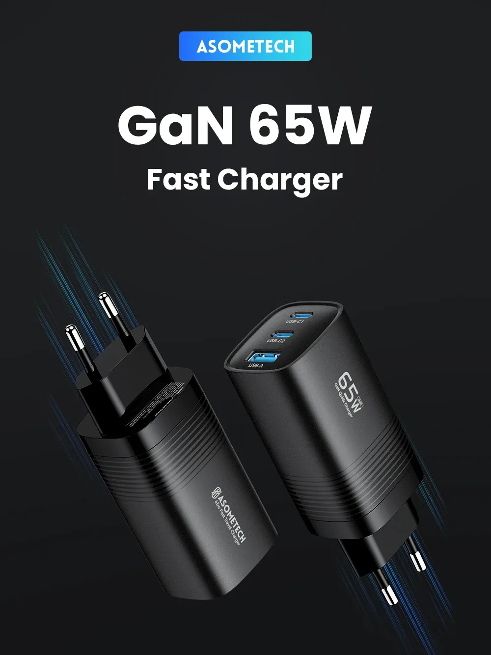 Chargeur ASOMETECH GaN 65 W, vue principale