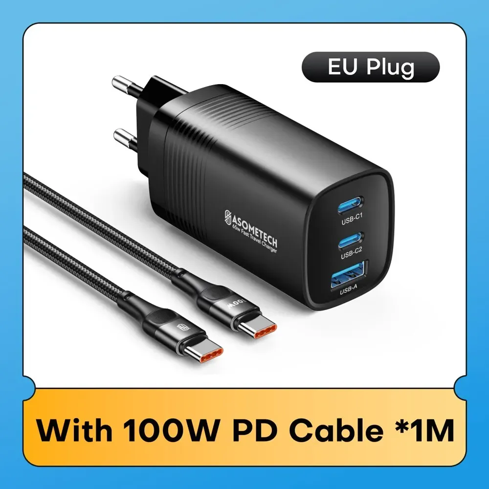 ASOMETECH Chargeur GaN USB-C 65 W, 45 W, PPS, PD, QC 4.0 pour MacBook, ordinateur portable, iPad, tablette, iPhone 16 et Samsung Galaxy S23 Ultra 8