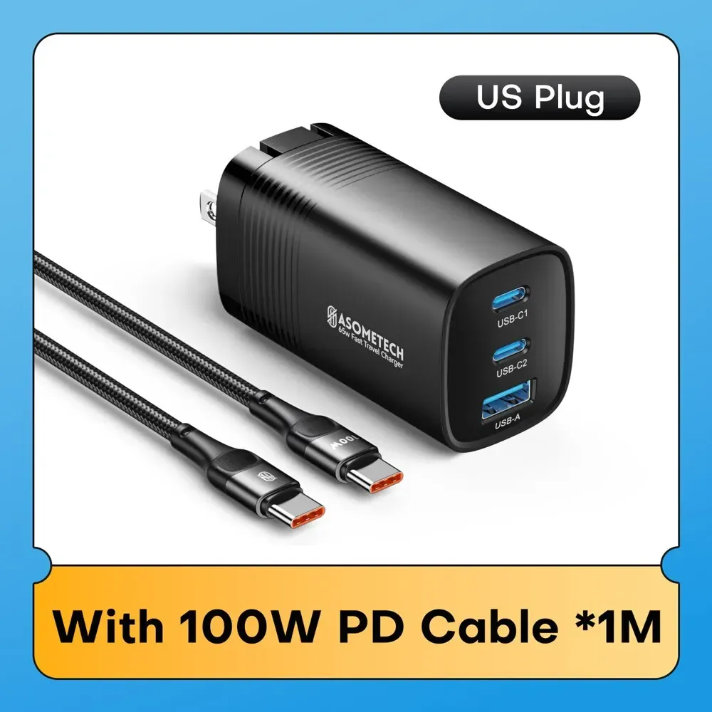 ASOMETECH Chargeur GaN USB-C 65 W, 45 W, PPS, PD, QC 4.0 pour MacBook, ordinateur portable, iPad, tablette, iPhone 16 et Samsung Galaxy S23 Ultra 9